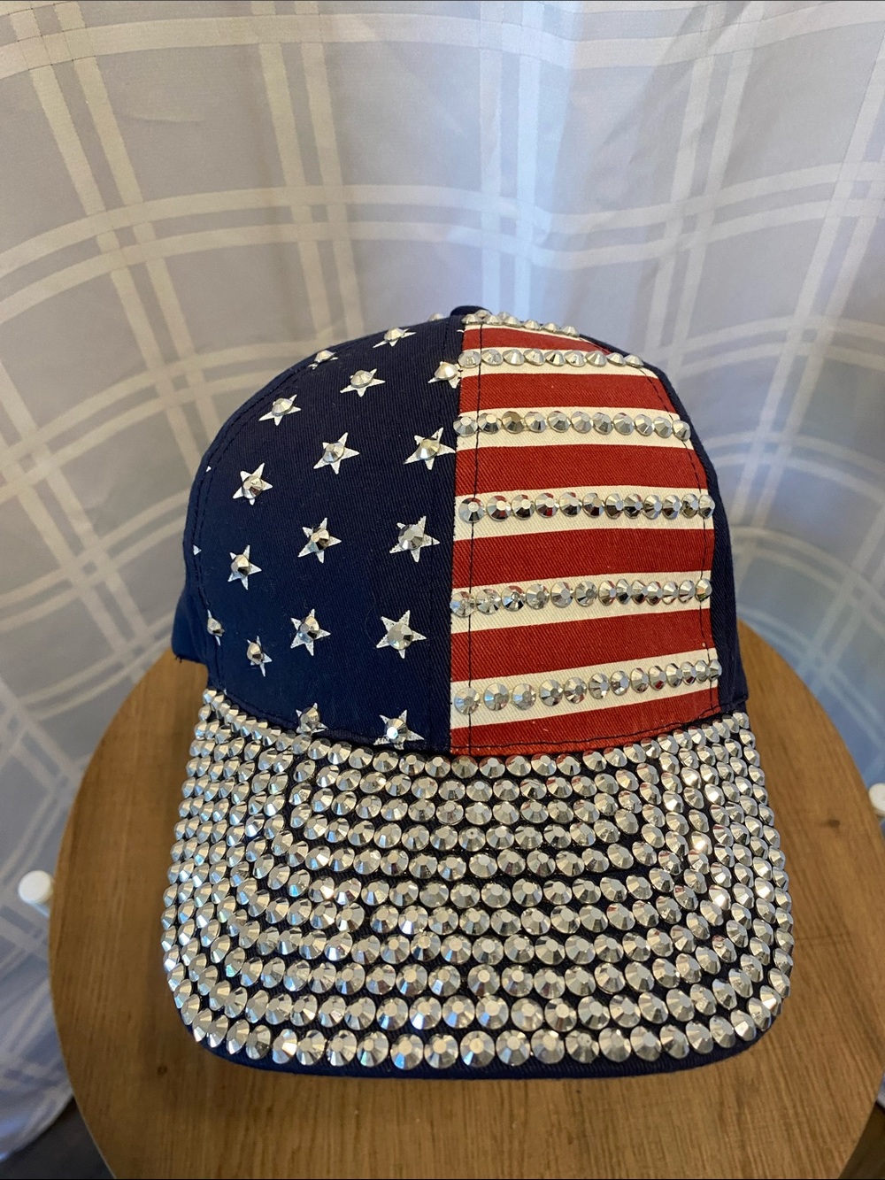 Red White and Blue Silver Studded American Flag Bling Bedazzled Baseball Cap Hat